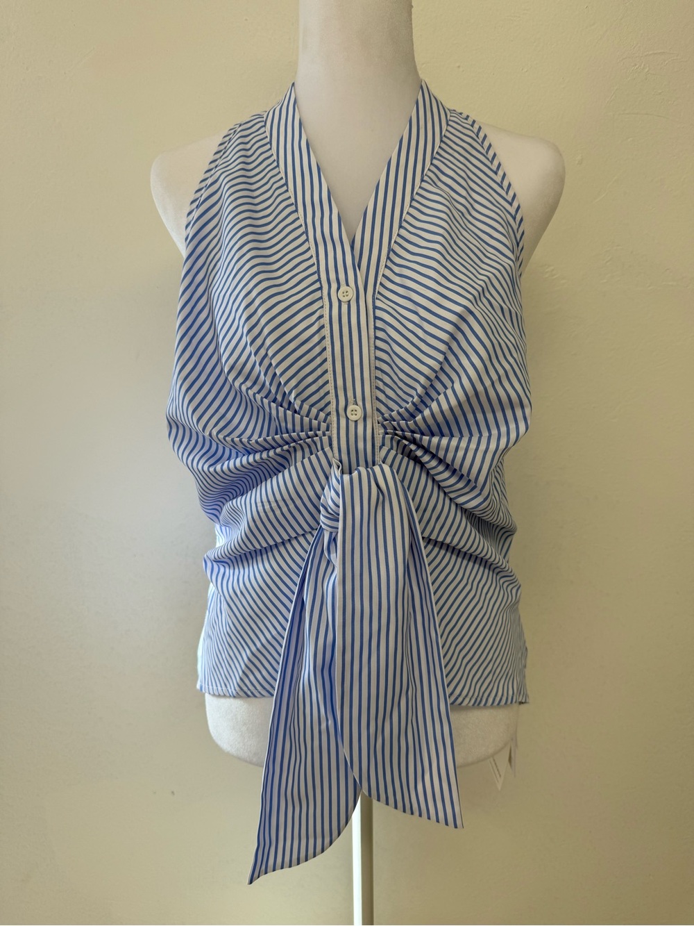 Commense Blue and White Striped Tie-Front Halter Camisole